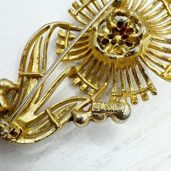 Vintage Lisner Brooch Pin Sunflower Flower Bloom Faux Pearl Gold Tone Estate - Picture 4 of 9